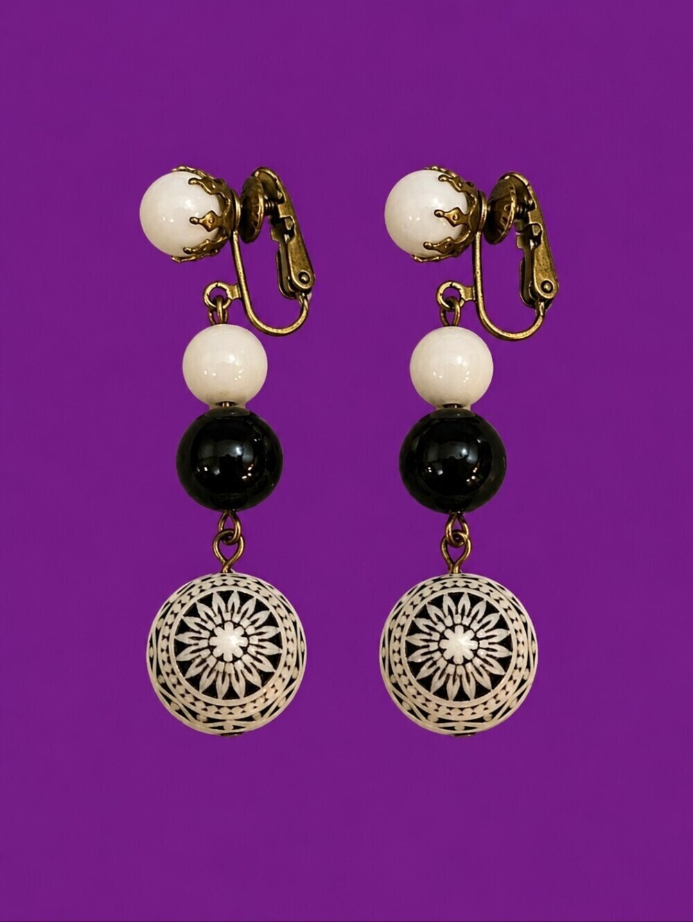 Vintage German Monochrome Lucite Beaded Dangle Clip-on Earrings